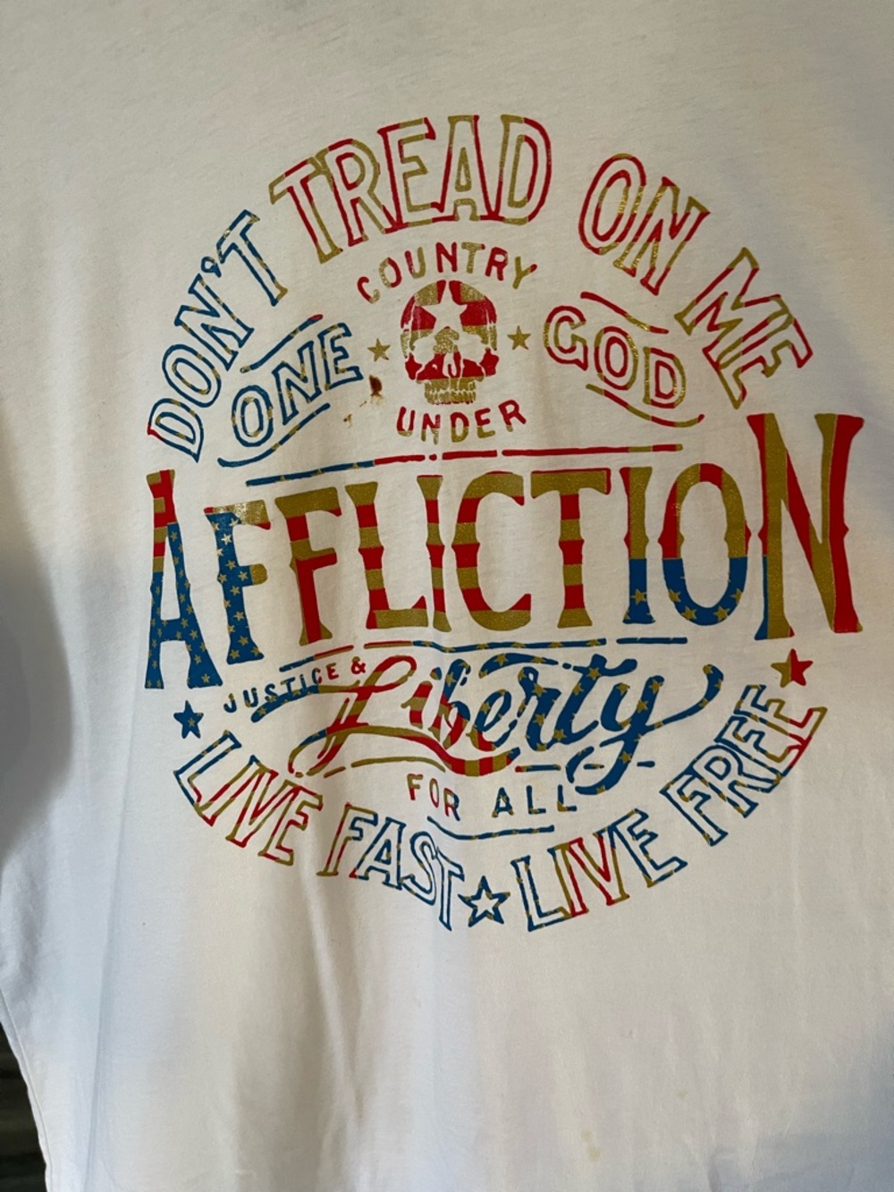 Affliction Patriotic Graphic Tee - White, Red & Blue with Gold Accents